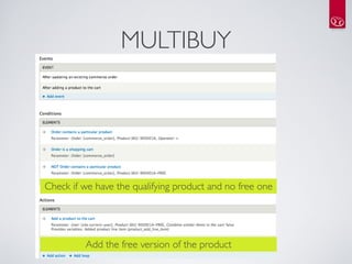 MULTIBUY




Check if we have the qualifying product and no free one




         Add the free version of the product
 