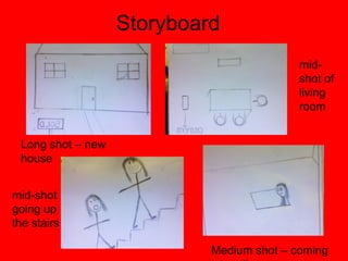 Storyboard
Long shot – new
house
mid-
shot of
living
room
mid-shot
going up
the stairs
Medium shot – coming
 