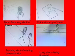 Zoom from long shot to close up  Cut in close up of hand Tracking shot of running down corridor Long shot – being dragged 