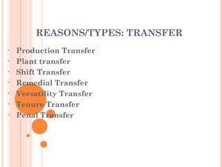 REASONS/TYPES: TRANSFER
• Production Transfer
• Plant transfer
• Shift Transfer
• Remedial Transfer
• Versatility Transfer
• Tenure Transfer
• Penal Transfer
 