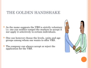 THE GOLDEN HANDSHAKE
 As the name suggests the VRS is strictly voluntary
i.e. one can neither compel the workers to accept it
nor apply it selectively to certain individuals.
 One can however choose the levels, units and age
groups among whom one wants to offer VRS.
 The company can always accept or reject the
application for the VRS.
 