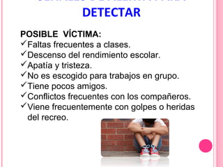 SEÑALES DE ALERTA PARA
DETECTAR
POSIBLE VÍCTIMA:
Faltas frecuentes a clases.
Descenso del rendimiento escolar.
Apatía y tristeza.
No es escogido para trabajos en grupo.
Tiene pocos amigos.
Conflictos frecuentes con los compañeros.
Viene frecuentemente con golpes o heridas
del recreo.

 