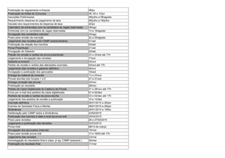 Publicação do regulamento e Anexos 08/jul
Publicação do Edital do Concurso 08, 09 e 10/jul
Inscrições Preliminares 08/julho a 06/agosto
Requerimento dispensa do pagamento da taxa 08/julho a 18/julho
Decisão dos requerimentos de dispensa de taxa 22/jul
Calendário de entrevistas com os candidatos às vagas reservadas 08/ago
Entrevista com os candidatos às vagas reservadas 13 a 18/agosto
Divulgação dos candidatos inscritos 20/ago
Prazo para revisão da inscrição 22 a 25/agosto
Julgamento das revisões pelo CSMP (extraordinária) 01/set
Publicação da relação dos inscritos 03/set
Prova Preambular 21/set
Divulgação do Gabarito 22/set
Petição de revisão e razões da prova preambular 23 e 24/set até 17h
Julgamento e divulgação das revisões 1º/out
Gabarito provisório 02/out
Pedido de revisão e razões das alterações ocorridas 03/out até 17h
Julgamento das revisões e gabarito definitivo 06/out
Divulgação e publicação dos aprovados 10/out
Entrega do material de consulta 13 a 23/out
Provas escritas dos Grupos 1 a 5 27 a 31/out
Entrega correção das provas 24/nov
Publicação do resultado 26/nov
Pedido de Cópia Digitalizada do Caderno de Provas 27 e 28/nov até 17h
Envio por e-mail dos pedidos de cópia digitalizada 01 e 02/dez
Pedidos de revisão e razões da prova escrita 03 e 04/dez até 17h
Julgamento dos pedidos de revisão e publicação 10 e 12/dez
Inscrição definitiva 06/01/2015 a 26/jan
Exames de Sanidade Física e Mental 06/01/2015 a 26/jan
Sindicância 26/01/2015 a 19/fev
Deliberação pelo CSMP sobre a Sindicância 23/02/2015
Publicação dos inscritos e data e local da prova oral 25/02/2015
Prazo para revisões 26 e 27/02/2015
Julgamento e publicação das decisões 02/03/2015
Prova Oral 09/13 de março
Divulgação dos aprovados (internet) 16/mar
Prazo para revisão prova oral 17 e 18/03 até 17h
Julgamento das revisões 23/mar
Homologação do resultados final e class. p/ eg. CSMP (extraord.) 30/mar
Publicação do resultado final 31/mar
 