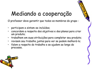 Mediando a cooperação O professor deve garantir que todos os membros do grupo : participem e sintam-se incluídos; concordem a respeito dos objetivos e dos planos para criar um produto; trabalhem em suas atribuições para completar seu produto; revisem seu trabalho juntos para ver se podem melhorá-lo; falem a respeito do trabalho e se ajudem ao longo do processo. 