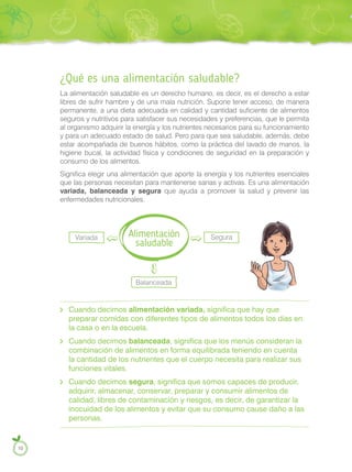 Cuando decimos alimentación variada, significa que hay que
preparar comidas con diferentes tipos de alimentos todos los días en
la casa o en la escuela.
Cuando decimos balanceada, significa que los menús consideran la
combinación de alimentos en forma equilibrada teniendo en cuenta
la cantidad de los nutrientes que el cuerpo necesita para realizar sus
funciones vitales.
Cuando decimos segura, significa que somos capaces de producir,
adquirir, almacenar, conservar, preparar y consumir alimentos de
calidad, libres de contaminación y riesgos, es decir, de garantizar la
inocuidad de los alimentos y evitar que su consumo cause daño a las
personas.
Alimentación
saludable
Segura
Balanceada
Variada
¿Qué es una alimentación saludable?
La alimentación saludable es un derecho humano, es decir, es el derecho a estar
libres de sufrir hambre y de una mala nutrición. Supone tener acceso, de manera
permanente, a una dieta adecuada en calidad y cantidad suficiente de alimentos
seguros y nutritivos para satisfacer sus necesidades y preferencias, que le permita
al organismo adquirir la energía y los nutrientes necesarios para su funcionamiento
y para un adecuado estado de salud. Pero para que sea saludable, además, debe
estar acompañada de buenos hábitos, como la práctica del lavado de manos, la
higiene bucal, la actividad física y condiciones de seguridad en la preparación y
consumo de los alimentos.
Significa elegir una alimentación que aporte la energía y los nutrientes esenciales
que las personas necesitan para mantenerse sanas y activas. Es una alimentación
variada, balanceada y segura que ayuda a promover la salud y prevenir las
enfermedades nutricionales.
10
 