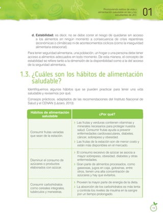 d. Estabilidad: es decir, no se debe correr el riesgo de quedarse sin acceso
a los alimentos en ningún momento a consecuencia de crisis repentinas
(económicas o climáticas) ni de acontecimientos cíclicos (como la inseguridad
alimentaria estacional).
Para tener seguridad alimentaria, una población, un hogar o una persona debe tener
acceso a alimentos adecuados en todo momento. De esta manera, el concepto de
estabilidad se refiere tanto a la dimensión de la disponibilidad como a la del acceso
de la seguridad alimentaria.
1.3. ¿Cuáles son los hábitos de alimentación
saludable?
Identifiquemos algunos hábitos que se pueden practicar para tener una vida
saludable y revisemos por qué.
Consejos prácticos, adaptados de las recomendaciones del Instituto Nacional de
Salud y el CENAN (Lázaro, 2013):
Hábitos de alimentación
saludable
¿Por qué?
Consumir frutas variadas
que sean de la estación.
Las frutas y verduras contienen vitaminas y
minerales necesarios para proteger nuestra
salud. Consumir frutas ayuda a prevenir
enfermedades cardiovasculares, diabetes,
cáncer, sobrepeso y obesidad.
Las frutas de la estación son de menor costo y
están más disponibles en el mercado.
Disminuir el consumo de
azúcares o productos
elaborados con azúcar.
El consumo excesivo de azúcar se asocia a
mayor sobrepeso, obesidad, diabetes y otras
enfermedades.
Gran parte de alimentos procesados, como
gaseosas, jugos en caja, golosinas, entre
otros, tienen una alta concentración de
azúcares y hay que evitarlos.
Consumir carbohidratos
como cereales integrales,
tubérculos y menestras.
Proveen la mayor parte de energía de la dieta.
La absorción de los carbohidratos es más lenta
y controla los niveles de insulina en la sangre
por un tiempo prolongado.
Promoviendo estilos de vida y
alimentación saludable en las y los
estudiantes de JEC 01
13
 