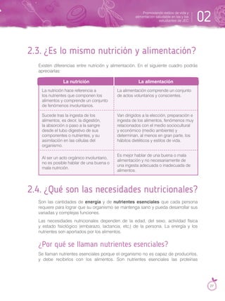 2.3. ¿Es lo mismo nutrición y alimentación?
Existen diferencias entre nutrición y alimentación. En el siguiente cuadro podrás
apreciarlas:
La nutrición La alimentación
La nutrición hace referencia a
los nutrientes que componen los
alimentos y comprende un conjunto
de fenómenos involuntarios.
La alimentación comprende un conjunto
de actos voluntarios y conscientes.
Sucede tras la ingesta de los
alimentos, es decir, la digestión,
la absorción o paso a la sangre
desde el tubo digestivo de sus
componentes o nutrientes, y su
asimilación en las células del
organismo.
Van dirigidos a la elección, preparación e
ingesta de los alimentos, fenómenos muy
relacionados con el medio sociocultural
y económico (medio ambiente) y
determinan, al menos en gran parte, los
hábitos dietéticos y estilos de vida.
Al ser un acto orgánico involuntario,
no es posible hablar de una buena o
mala nutrición.
Es mejor hablar de una buena o mala
alimentación y no necesariamente de
una ingesta adecuada o inadecuada de
alimentos.
2.4. ¿Qué son las necesidades nutricionales?
Son las cantidades de energía y de nutrientes esenciales que cada persona
requiere para lograr que su organismo se mantenga sano y pueda desarrollar sus
variadas y complejas funciones.
Las necesidades nutricionales dependen de la edad, del sexo, actividad física
y estado fisiológico (embarazo, lactancia, etc.) de la persona. La energía y los
nutrientes son aportados por los alimentos.
¿Por qué se llaman nutrientes esenciales?
Se llaman nutrientes esenciales porque el organismo no es capaz de producirlos,
y debe recibirlos con los alimentos. Son nutrientes esenciales las proteínas
Promoviendo estilos de vida y
alimentación saludable en las y los
estudiantes de JEC 02
27
 