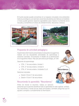 El huerto escolar puede convertirse en un espacio vinculado a los ambientes
lúdicosyecológicos;porejemplo,lasiembradeplantasaromáticascomestibles
o frutos puede generar espacios agradables para mejorar el ambiente de la
escuela y convertirlos en áreas de entretenimiento, descanso o lectura.
Propuesta de actividad pedagógica
Apartirdelainformaciónpresentadaenestaparte,tesugerimos
realizar con los estudiantes actividades de aprendizaje o
sesiones tutoriales. Encontrarás el detalle de la planificación
en el siguiente enlace: http://jec.perueduca.pe/?page_id=242
Sesiones de aprendizaje:
CTA, 1.º de secundaria. Unidad 1
CTA, 2.º de secundaria. Unidad 3
CTA, 4.º de secundaria. Unidades 2 y 8
Sesiones tutoriales:
Sesión 10 de 3.º de secundaria
Sesión 12 de 4.º de secundaria
Resumiendo lo aprendido: “Recordemos”
Antes de revisar el resumen, realiza un ejercicio
personal que te permita identificar todo lo aprendido en este capítulo: anótalo,
haz resúmenes o fichas de las ideas principales y también preguntas que te
ayuden a ampliar o complementar la información.
44
 