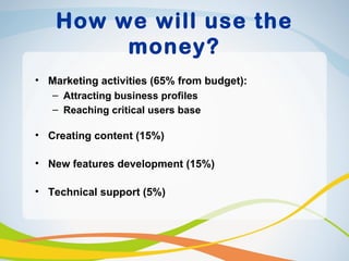 How we will use the
         money?
• Marketing activities (65% from budget):
  – Attracting business profiles
  – Reaching critical users base

• Creating content (15%)

• New features development (15%)

• Technical support (5%)
 