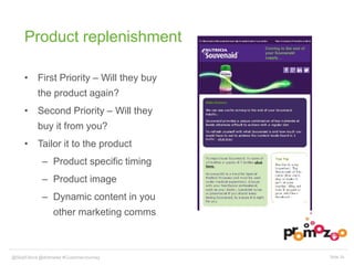 Product replenishment 
• First Priority – Will they buy 
the product again? 
• Second Priority – Will they 
buy it from you? 
• Tailor it to the product 
– Product specific timing 
– Product image 
– Dynamic content in you 
other marketing comms 
@SkipFidura@dotmailer #CustomerJourney Slide 24 
 
