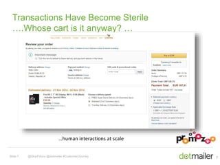 Transactions Have Become Sterile 
….Whose cart is it anyway? … 
Slide 7 @SkipFidura @dotmailer #CustomerJourney 
7 
…human interactions at scale 
 