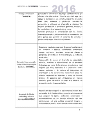 6
Pesca y Alimentación
(SAGARPA).
para evitar la introducción de plagas y enfermedades que
afectan a la salud animal. Tiene la autoridad legal para
apoyar el bienestar de los animales, regular los productos
tales como alimentos y productos farmacéuticos
consumidos o utilizados por el ganado, y establecer las
mejores prácticas en la producción ganadera, masacre, y
las instalaciones de procesamiento de carne.
También promueve la armonización con las normas
internacionales para concluir acuerdos de equivalencia con
otros países para permitir el comercio de animales y
productos de origen animal o subproductos.
Comisión Federal para la
Protección contra Riesgos
Sanitarios (COFEPRIS).
Organismo regulador encargado de control y vigilancia de
los alimentos y bebidas, suplementos alimenticios,
tabaco, nutrientes vegetales, sustancias tóxicas o
peligrosas, productos de la biotecnología, y pesticidas,
entre otros.
Responsable de apoyar el desarrollo de capacidades
técnicas, humanas e institucionales en las entidades
federativas así como de los diversos organismos a nivel
regional y/o local, dedicados a la protección contra
riesgos sanitarios y de mejorar el intercambio de
información y la coordinación institucional entre las
diversas dependencias federales y entre los distintos
ámbitos de gobierno con atribuciones en materia
sanitaria, para desarrollar acciones más eficaces de
protección contra riesgos sanitarios.
Secretaría de Medio
Ambiente y Recursos
Naturales (SEMARNAT)
Responsable de incorporar en los diferentes ámbitos de la
sociedad y de la función pública, criterios e instrumentos
que aseguren la óptima protección, conservación y
aprovechamiento de los recursos naturales del país,
conformando así una política ambiental integral e
incluyente que permita alcanzar el desarrollo sustentable.
 