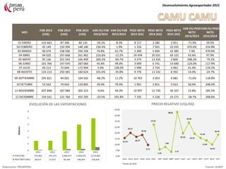 MES
FOB 2013
(US$)
FOB 2014
(US$)
FOB 2015
(US$)
VAR (%) FOB
2014/2013
VAR (%) FOB
2015/2014
PESO NETO
2013 (KG)
PESO NETO
2014 (KG)
PESO NETO
2015 (KG)
VAR (%) PESO
NETO
2014/2013
VAR (%) PESO
NETO
2015/2014
01 ENERO 143 663 87 390 80 135 -39.2% -8.3% 8 117 2 280 2 951 -71.9% 29.4%
02 FEBRERO 45 149 150 994 148 180 234.4% -1.9% 1 316 7 501 25 035 470.0% 233.8%
03 MARZO 90 674 158 506 256 336 74.8% 61.7% 5 300 5 694 32 485 7.4% 470.6%
04 ABRIL 94 020 297 668 261 462 216.6% -12.2% 24 434 35 031 69 325 43.4% 97.9%
05 MAYO 95 136 351 543 106 409 269.5% -69.7% 3 374 13 435 2 800 298.2% -79.2%
06 JUNIO 101 766 147 970 287 060 45.4% 94.0% 3 009 6 741 14 690 124.0% 117.9%
07 JULIO 69 213 72 644 172 904 5.0% 138.0% 1 948 2 754 5 962 41.4% 116.5%
08 AGOSTO 124 214 250 365 160 624 101.6% -35.8% 9 776 11 142 8 392 14.0% -24.7%
09 SEPTIEMBRE 295 821 94 001 104 502 -68.2% 11.2% 10 763 3 053 6 681 -71.6% 118.8%
10 OCTUBRE 53 563 74 643 133 895 39.4% 79.4% 1 901 2 851 9 923 50.0% 248.0%
11 NOVIEMBRE 207 898 187 989 365 315 -9.6% 94.3% 10 997 12 730 36 347 15.8% 185.5%
12 DICIEMBRE 159 161 121 760 355 295 -23.5% 191.8% 7 335 5 228 19 271 -28.7% 268.6%
Desenvolvimiento Agroexportador 2015
Elaboración: PROMPERU Fuente: SUNAT
EVOLUCIÓN DE LAS EXPORTACIONES PRECIO RELATIVO (US$/KG)
*meses de 2015
 