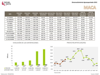 MES
FOB 2013
(US$)
FOB 2014
(US$)
FOB 2015
(US$)
VAR (%) FOB
2014/2013
VAR (%) FOB
2015/2014
PESO NETO
2013 (KG)
PESO NETO
2014 (KG)
PESO NETO
2015 (KG)
VAR (%)
PESO NETO
2014/2013
VAR (%)
PESO NETO
2015/2014
01 ENERO 555 048 1 106 871 3 968 378 99.4% 258.5% 62 384 100 012 242 674 60.3% 142.6%
02 FEBRERO 970 158 896 325 1 812 002 -7.6% 102.2% 101 839 120 991 121 425 18.8% 0.4%
03 MARZO 570 281 1 118 300 2 696 183 96.1% 141.1% 75 967 148 337 139 691 95.3% -5.8%
04 ABRIL 755 264 1 178 532 1 343 102 56.0% 14.0% 96 282 162 774 54 311 69.1% -66.6%
05 MAYO 622 310 1 567 699 1 888 786 151.9% 20.5% 87 272 227 956 65 972 161.2% -71.1%
06 JUNIO 767 429 1 165 364 2 621 282 51.9% 124.9% 103 161 142 954 91 467 38.6% -36.0%
07 JULIO 700 085 1 398 212 3 058 486 99.7% 118.7% 96 598 184 198 175 078 90.7% -5.0%
08 AGOSTO 1 277 004 1 648 694 3 759 012 29.1% 128.0% 134 621 158 154 199 246 17.5% 26.0%
09 SEPTIEMBRE 882 400 3 764 238 3 703 812 326.6% -1.6% 116 772 301 660 223 423 158.3% -25.9%
10 OCTUBRE 1 038 654 4 878 615 3 638 216 369.7% -25.4% 133 488 307 396 263 339 130.3% -14.3%
11 NOVIEMBRE 1 126 637 4 892 196 1 932 664 334.2% -60.5% 160 183 294 368 255 465 83.8% -13.2%
12 DICIEMBRE 1 122 725 5 945 988 3 061 284 429.6% -48.5% 156 390 279 607 341 961 78.8% 22.3%
Desenvolvimiento Agroexportador 2015
Elaboración: PROMPERU Fuente: SUNAT
EVOLUCIÓN DE LAS EXPORTACIONES PRECIO RELATIVO (US$/KG)
*meses de 2015
 