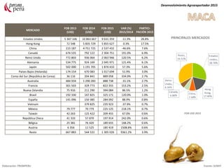 MERCADO
FOB 2013
(US$)
FOB 2014
(US$)
FOB 2015
(US$)
VAR (%)
2015/2014
PARTICI-
PACIÓN 2015
Estados Unidos 5 347 106 10 863 667 9 631 359 -11.3% 28.8%
Hong Kong 72 548 5 835 729 5 855 627 0.3% 17.5%
China 215 187 4 751 725 2 537 432 -46.6% 7.6%
Canadá 674 535 792 122 2 304 751 191.0% 6.9%
Reino Unido 772 803 936 064 2 063 946 120.5% 6.2%
Alemania 534 775 924 169 2 045 971 121.4% 6.1%
Japón 502 000 1 191 705 1 874 410 57.3% 5.6%
Países Bajos (Holanda) 174 154 670 083 1 017 694 51.9% 3.0%
Corea del Sur (República de Corea) 36 116 204 841 889 058 334.0% 2.7%
Australia 484 934 1 290 283 888 738 -31.1% 2.7%
Francia 301 503 324 773 822 355 153.2% 2.5%
Nueva Zelandia 75 916 211 290 394 084 86.5% 1.2%
Brasil 192 330 147 825 325 171 120.0% 1.0%
España 141 096 150 385 284 092 88.9% 0.8%
Vietnam 379 825 235 923 -37.9% 0.7%
México 79 777 70 779 225 125 218.1% 0.7%
Taiwán 42 263 125 422 209 455 67.0% 0.6%
República Checa 41 333 57 870 197 914 242.0% 0.6%
Bélgica 25 381 76 420 189 655 148.2% 0.6%
Austria 6 356 11 525 185 419 1508.8% 0.6%
Resto 667 883 544 531 1 305 026 9361.2% 3.9%
Desenvolvimiento Agroexportador 2015
Elaboración: PROMPERU Fuente: SUNAT
PRINCIPALES MERCADOS
FOB USD 2015
 