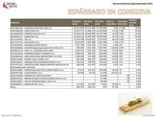 EMPRESA
FOB 2013
(US$)
FOB 2014
(US$)
FOB 2015
(US$)
VAR (%)
2015/2014
VOLUMEN
2015 (TM)
PARTICI-
PACIÓN
2015
20373860736 - SOCIEDAD AGRICOLA VIRU S.A. 38 155 464 36 572 806 37 788 009 3.3% 11 208 28.8%
20397680038 - GREEN PERU S.A 18 325 477 23 408 219 26 263 864 12.2% 7 404 20.0%
20170040938 - DANPER TRUJILLO S.A.C. 28 234 455 28 430 893 25 574 786 -10.0% 7 981 19.5%
20340584237 - CAMPOSOL S.A. 35 346 614 33 099 448 18 369 040 -44.5% 5 261 14.0%
20131565659 - TAL S A 11 254 199 14 318 255 8 570 333 -40.1% 2 400 6.5%
20512217452 - AGUALIMA S.A.C. 3 919 878 5 899 409 5 582 286 -5.4% 1 524 4.3%
20104420282 - AGROINDUSTRIAS AIB S.A 7 457 724 3 255 435 3 111 374 -4.4% 957 2.4%
20552638680 - SOCIEDAD AgroexportadorA DEL PERU S.A.C 485 060 1 032 038 2 441 947 136.6% 1 093 1.9%
20503613574 - TWF S.A., SUCURSAL EN EL PERU 1 950 372 1 236 321 919 184 -25.7% 634 0.7%
20132365424 - AGROINDUSTRIAS JOSYMAR S.A.C. 1 088 817 909 531 601 903 -33.8% 206 0.5%
20220905269 - AGRO INDUSTRIA SAN ANTONIO S R LTDA 1 188 599 741 409 408 501 -44.9% 234 0.3%
20481703663 - EXPORT VALLE VERDE S.A.C. 605 446 506 551 369 801 -27.0% 173 0.3%
20550359627 - AMAZON FOOD AGROINDUSTRIAS E.I.R.L. 585 512 294 402 359 625 22.2% 125 0.3%
20519791413 - EXPORTACIONES MIRSA EMPRESA INDIVIDUAL DE
RESPOSABILIDAD LIMITADA
288 096 253 467 235 866 -6.9% 145 0.2%
20491359804 - CONSERVAS VEGETALES CERRO VERDE S.A.C. 93 037 326 422 228 485 -30.0% 78 0.2%
20487817482 - CIUM EXPORT S.A.C. 36 960 38 775 79 590 105.3% 35 0.1%
10255266689 - DOMINGUEZ TREJO GUSTAVO 69 006 26 0.1%
20560207051 - IMPORTACIONES EXPORTACIONES KATO E.I.R.L. 47 392 19 0.0%
20560136871 - GRUPO INTERNACIONAL J & A S.A.C. 38 200 16 0.0%
20504004415 - GANDULES INC. S.A.C. 111 047 162 967 4 821 -97.0% 2 0.0%
Resto 980 157 399 531 957 -97.3% 0.0%
Desenvolvimiento Agroexportador 2015
Elaboración: PROMPERU Fuente: SUNAT
 