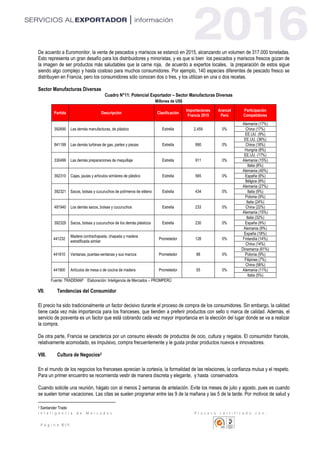 I n t e l i g e n c i a d e M e r c a d o s P r o c e s o c e r t i f i c a d o c o n :
P á g i n a 10 | 11
De acuerdo a Euromonitor, la venta de pescados y mariscos se estancó en 2015, alcanzando un volumen de 317.000 toneladas.
Esto representa un gran desafío para los distribuidores y minoristas, y es que si bien los pescados y mariscos frescos gozan de
la imagen de ser productos más saludables que la carne roja, de acuerdo a expertos locales, la preparación de estos sigue
siendo algo complejo y hasta costoso para muchos consumidores. Por ejemplo, 140 especies diferentes de pescado fresco se
distribuyen en Francia, pero los consumidores sólo conocen dos o tres, y los utilizan en una o dos recetas.
Sector Manufacturas Diversas
Cuadro N°11: Potencial Exportador – Sector Manufacturas Diversas
Millones de US$
Partida Descripción Clasificación
Importaciones
Francia 2015
Arancel
Perú
Participación
Competidores
392690 Las demás manufacturas, de plástico Estrella 2,459 0%
Alemania (17%)
China (17%)
EE.UU. (9%)
841199 Las demás turbinas de gas, partes y piezas Estrella 990 0%
EE.UU. (36%)
China (18%)
Hungría (8%)
330499 Las demás preparaciones de maquillaje Estrella 911 0%
EE.UU. (17%)
Alemania (15%)
Italia (8%)
392310 Cajas, jaulas y artículos similares de plástico Estrella 565 0%
Alemania (40%)
España (8%)
Bélgica (8%)
392321 Sacos, bolsas y cucuruchos de polímeros de etileno Estrella 434 0%
Alemania (27%)
Italia (9%)
Polonia (9%)
481940 Los demás sacos, bolsas y cucuruchos Estrella 233 0%
Italia (24%)
China (22%)
Alemania (15%)
392329 Sacos, bolsas y cucuruchos de los demás plásticos Estrella 230 0%
Italia (32%)
España (9%)
Alemania (9%)
441232
Madera contrachapada, chapada y madera
estratificada similar
Prometedor 128 0%
España (18%)
Finlandia (14%)
China (14%)
441810 Ventanas, puertas-ventanas y sus marcos Prometedor 88 0%
Dinamarca (61%)
Polonia (9%)
Filipinas (7%)
441900 Artículos de mesa o de cocina de madera Prometedor 55 0%
China (58%)
Alemania (11%)
Italia (5%)
Fuente: TRADEMAP Elaboración: Inteligencia de Mercados – PROMPERÚ
VII. Tendencias del Consumidor
El precio ha sido tradicionalmente un factor decisivo durante el proceso de compra de los consumidores. Sin embargo, la calidad
tiene cada vez más importancia para los franceses, que tienden a preferir productos con sello o marca de calidad. Además, el
servicio de posventa es un factor que está cobrando cada vez mayor importancia en la elección del lugar donde se va a realizar
la compra.
De otra parte, Francia se caracteriza por un consumo elevado de productos de ocio, cultura y regalos. El consumidor francés,
relativamente acomodado, es impulsivo, compra frecuentemente y le gusta probar productos nuevos e innovadores.
VIII. Cultura de Negocios2
En el mundo de los negocios los franceses aprecian la cortesía, la formalidad de las relaciones, la confianza mutua y el respeto.
Para un primer encuentro se recomienda vestir de manera discreta y elegante, y hasta conservadora.
Cuando solicite una reunión, hágalo con al menos 2 semanas de antelación. Evite los meses de julio y agosto, pues es cuando
se suelen tomar vacaciones. Las citas se suelen programar entre las 9 de la mañana y las 5 de la tarde. Por motivos de salud y
2 Santander Trade
 