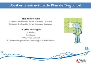 ¿Cuál es la estructura de Plan de Negocios?
III.3 Análisis FODA.
a. Matriz Evaluación de los Entornos Internos.
b. Matriz Evaluación de los Entornos Externos
III.4 Plan Estratégico.
a. Visión.
b. Misión.
c. Objetivos General.
d. Objetivos Específicos – Estrategias e Indicadores.
 