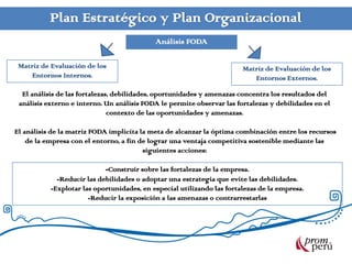 Plan Estratégico y Plan Organizacional
Análisis FODA
Matriz de Evaluación de los
Entornos Internos.
Matriz de Evaluación de los
Entornos Externos.
El análisis de las fortalezas, debilidades, oportunidades y amenazas concentra los resultados del
análisis externo e interno. Un análisis FODA le permite observar las fortalezas y debilidades en el
contexto de las oportunidades y amenazas.
El análisis de la matriz FODA implícita la meta de alcanzar la óptima combinación entre los recursos
de la empresa con el entorno, a fin de lograr una ventaja competitiva sostenible mediante las
siguientes acciones:
-Construir sobre las fortalezas de la empresa.
-Reducir las debilidades o adoptar una estrategia que evite las debilidades.
-Explotar las oportunidades, en especial utilizando las fortalezas de la empresa.
-Reducir la exposición a las amenazas o contrarrestarlas
 