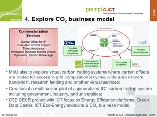 MoU also to explore virtual carbon trading systems where carbon offsets are traded for access to grid computational cycles, wide area network bandwidth, research funding and or other virtual services; Creation of a multi-sector pilot of a generalized ICT carbon trading system including government, industry, and universities; C3E CECR project with ICT focus on Energy Efficiency platforms, Green Data Center, ICT Eco-Energy solutions & CO 2  business model. 4. Explore CO 2  business model 