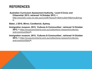 REFERENCES
Australian Curriculum Assessment Authority, ‘Level 6 Civics and
Citizenship’ 2013, retrieved 14 October 2013, <
http://ausvels.vcaa.vic.edu.au/Level6?layout=1&d=cc&d=H&d=ec&d=ge
>.

Baker, J 2010, Mirror, Candlewick, Sydney.
Immigration museum, 2013, ‘Cultures & Communities’, retrieved 14 October
2013, < http://museumvictoria.com.au/collections-research/culturesand-communities/>.
Immigration museum, 2013, ‘Cultures & Communities’, retrieved 14 October
2013, < http://museumvictoria.com.au/collections-research/culturesand-communities/>.

 
