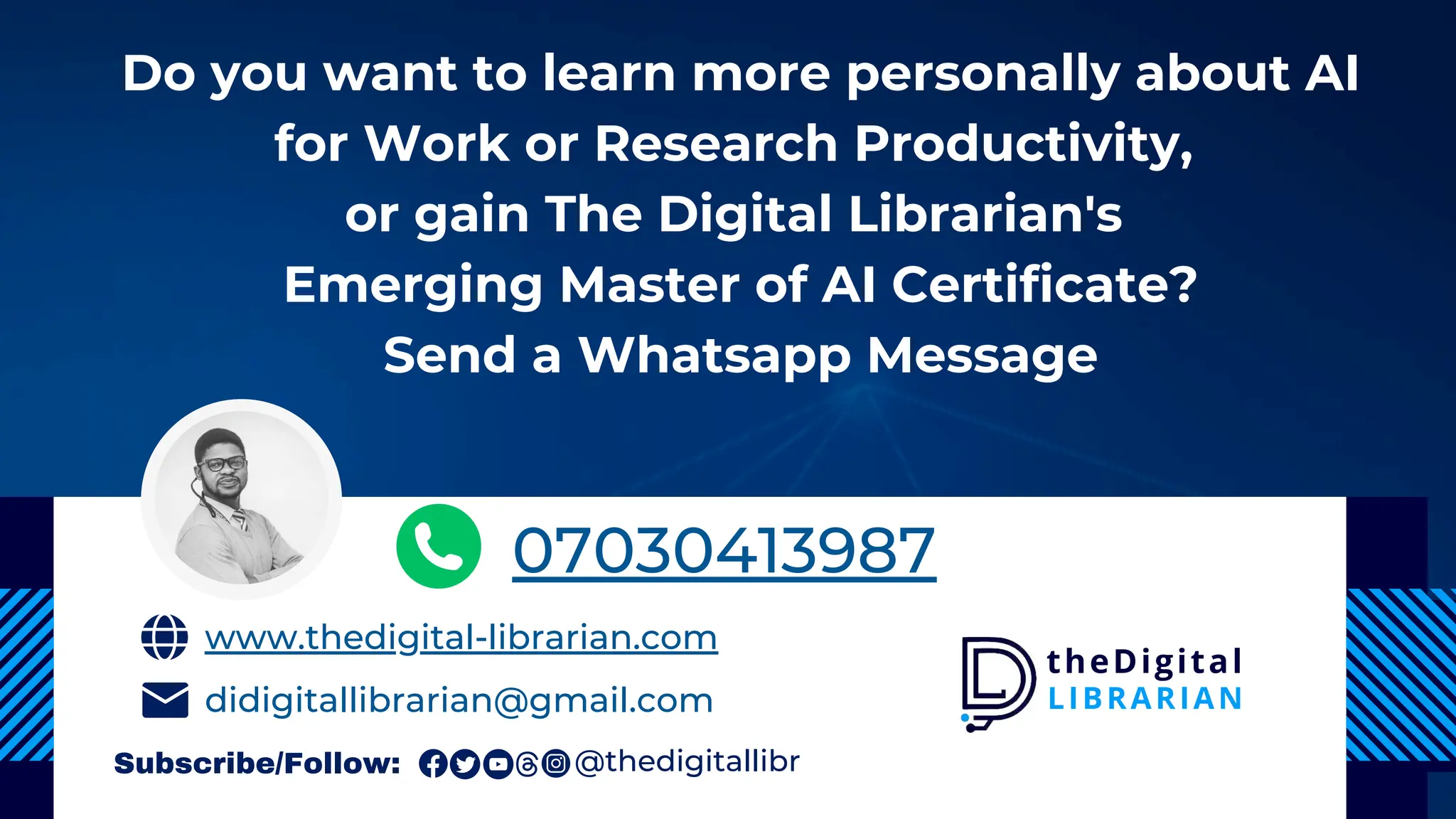 Do you want to learn more personally about AI
for Work or Research Productivity,
or gain The Digital Librarian's
Emerging Master of AI Certificate?
Send a Whatsapp Message
www.thedigital-librarian.com
didigitallibrarian@gmail.com
07030413987
@thedigitallibr
Subscribe/Follow:
LIBRARIAN
theDigital
 