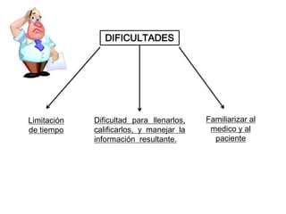 DIFICULTADES
Limitación
de tiempo
Dificultad para llenarlos,
calificarlos, y manejar la
información resultante.
Familiarizar al
medico y al
paciente
 
