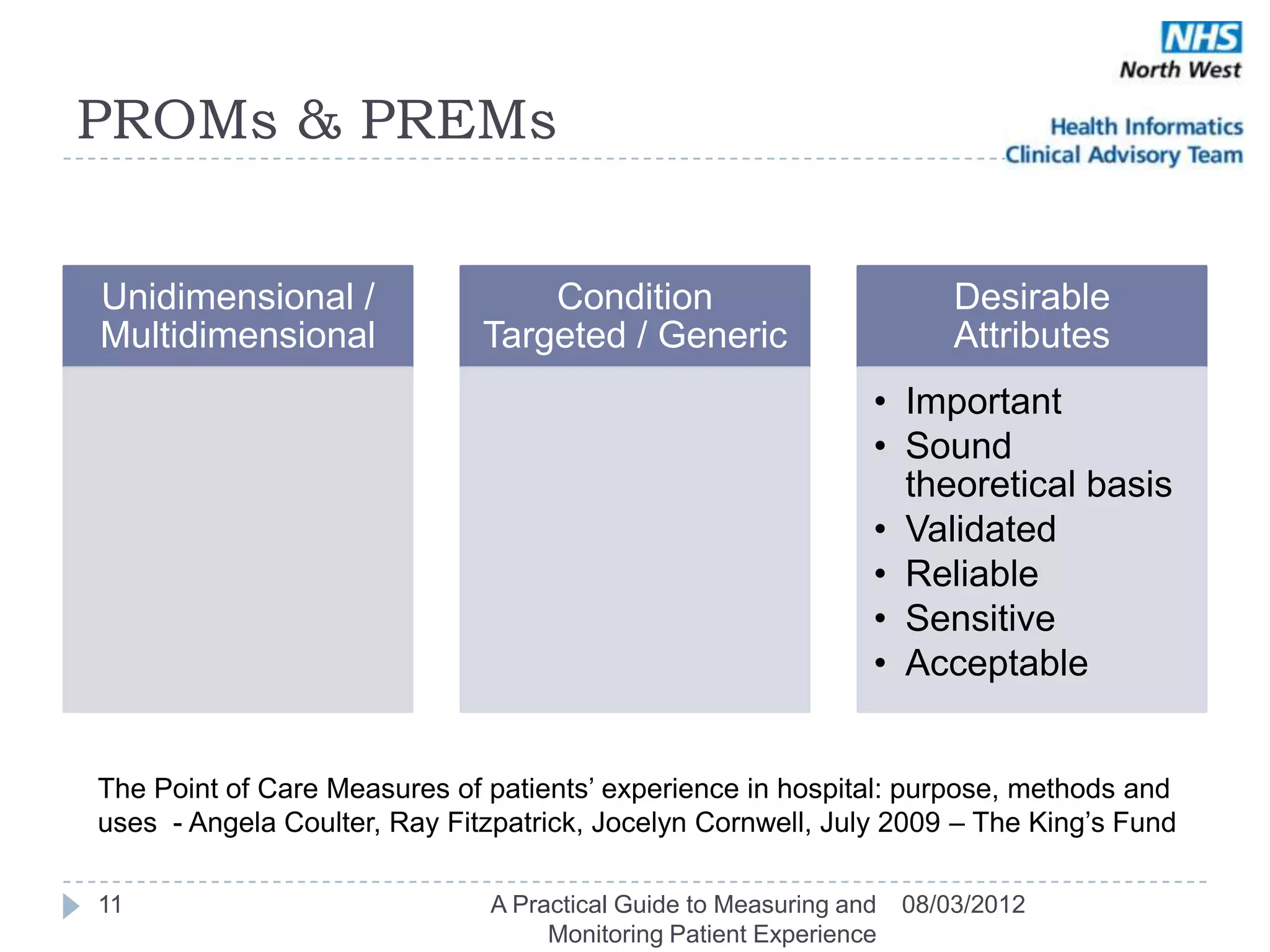 PROMs & PREMs


Unidimensional /                  Condition                            Desirable
Multidimensional              Targeted / Generic                       Attributes
                                                               • Important
                                                               • Sound
                                                                 theoretical basis
                                                               • Validated
                                                               • Reliable
                                                               • Sensitive
                                                               • Acceptable


The Point of Care Measures of patients‘ experience in hospital: purpose, methods and
uses - Angela Coulter, Ray Fitzpatrick, Jocelyn Cornwell, July 2009 – The King‘s Fund

11                            A Practical Guide to Measuring and   08/03/2012
                                   Monitoring Patient Experience
 