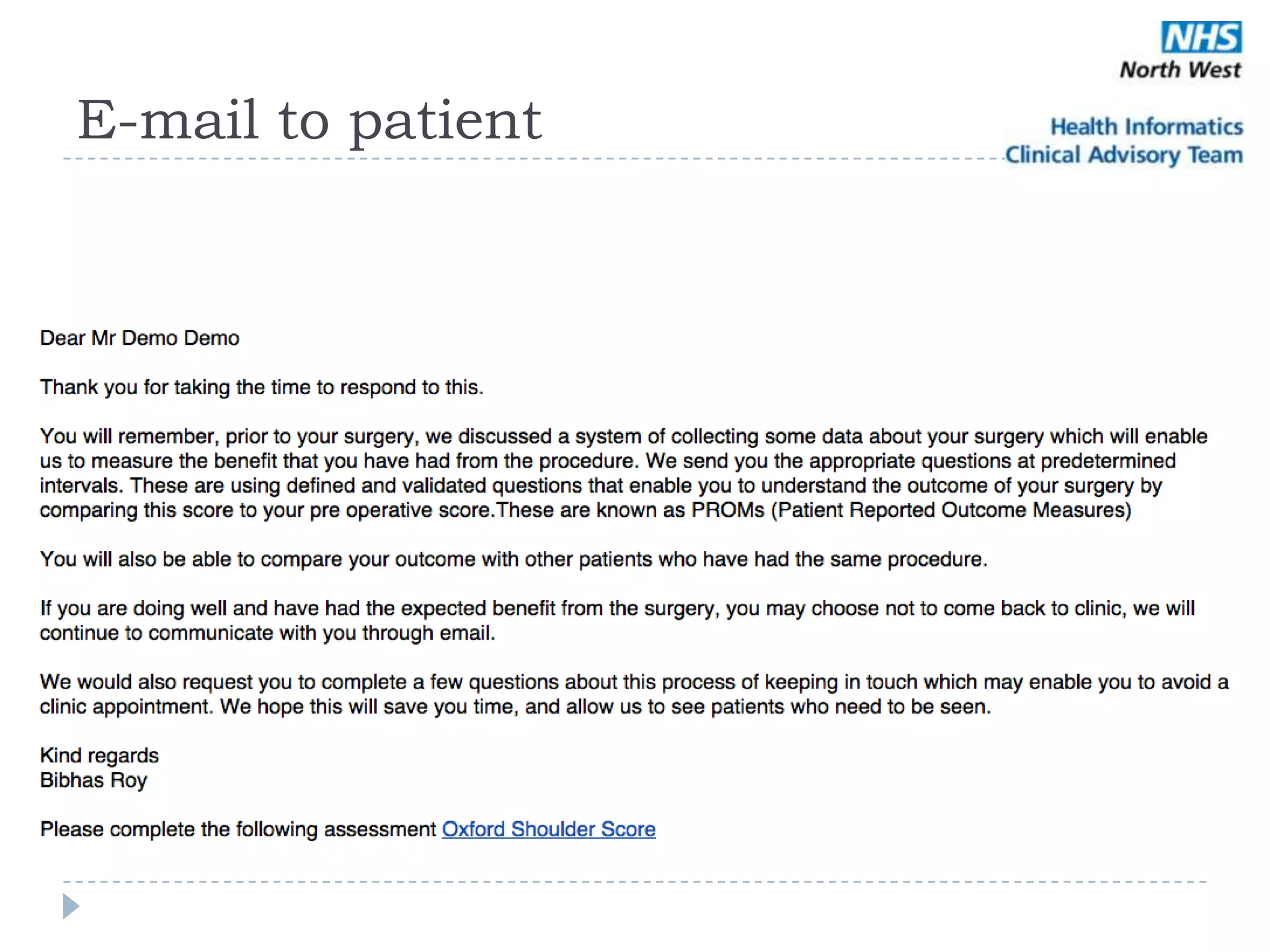 E-mail to patient
 