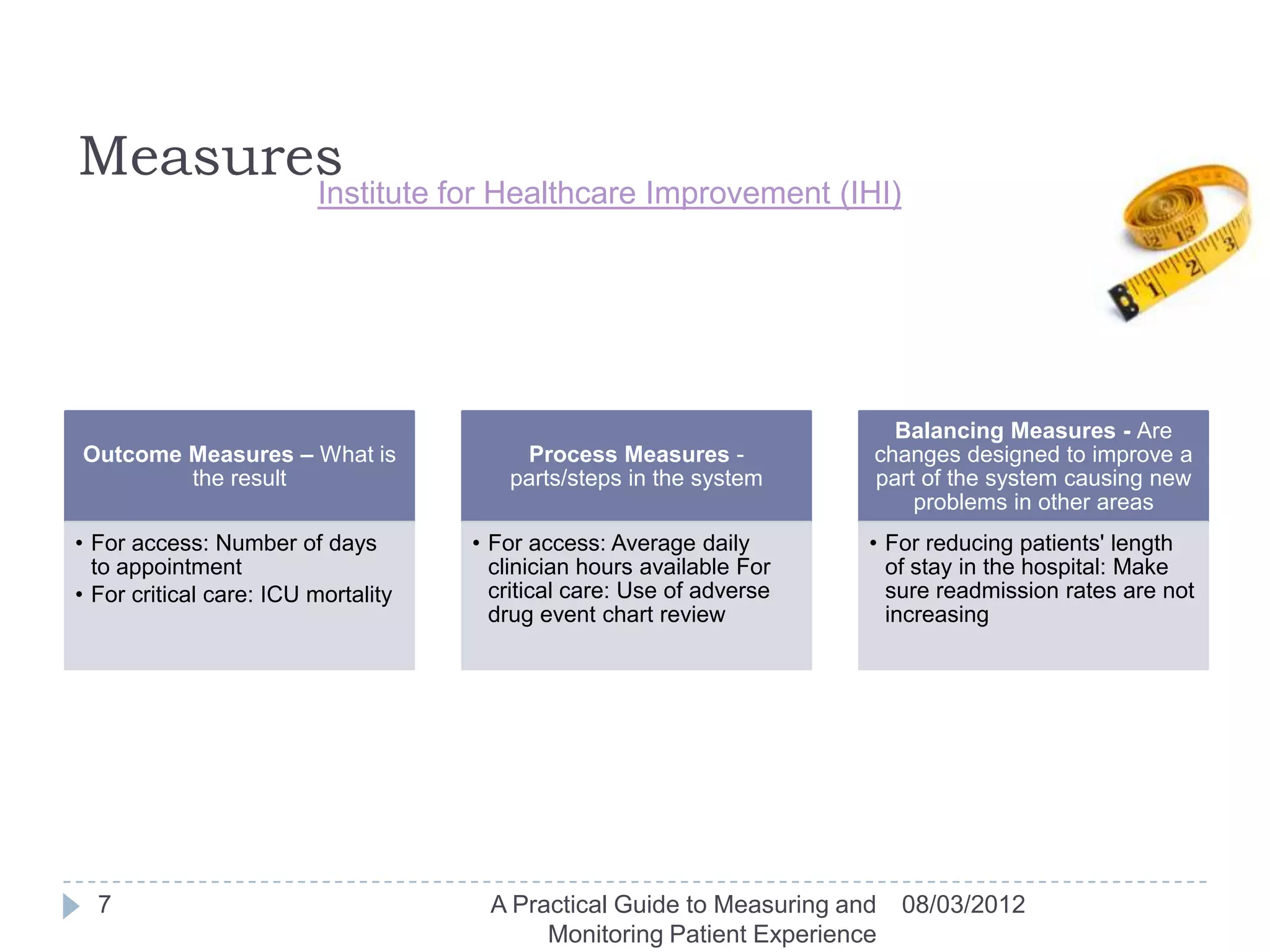 Measures
                         Institute for Healthcare Improvement (IHI)




                                                                         Balancing Measures - Are
Outcome Measures – What is               Process Measures -            changes designed to improve a
        the result                      parts/steps in the system      part of the system causing new
                                                                           problems in other areas
• For access: Number of days         • For access: Average daily       • For reducing patients' length
  to appointment                       clinician hours available For     of stay in the hospital: Make
• For critical care: ICU mortality     critical care: Use of adverse     sure readmission rates are not
                                       drug event chart review           increasing




  7                                   A Practical Guide to Measuring and   08/03/2012
                                           Monitoring Patient Experience
 