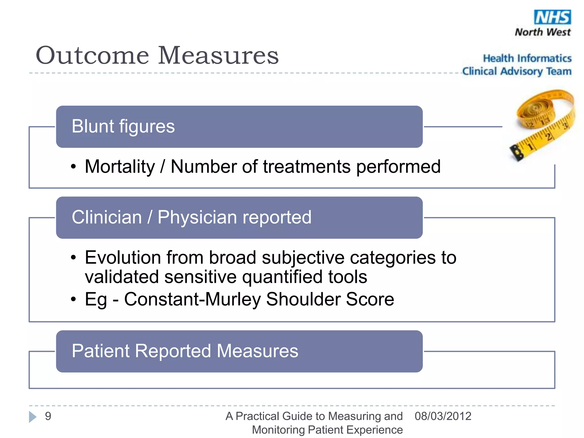 Outcome Measures

    Blunt figures

    • Mortality / Number of treatments performed

    Clinician / Physician reported

    • Evolution from broad subjective categories to
      validated sensitive quantified tools
    • Eg - Constant-Murley Shoulder Score

    Patient Reported Measures


9                      A Practical Guide to Measuring and   08/03/2012
                            Monitoring Patient Experience
 