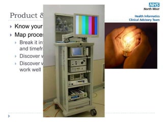 Product & Process
   Know your products
   Map processes
       Break it into components
        and timeframes
       Discover what works well
       Discover what does not
        work well
 