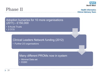 Phase II

Adoption bursaries for 10 more organisations
(2011) - £150,000
• 9 Acute Trusts
• 2 CCG



      Clinical Leaders Network funding (2012)
      • Further 2/3 organisations




             Many different PROMs now in system
             • Minimal Data set
             • EQ5D


 31
 