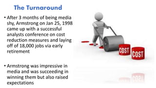 • After 3 months of being media
shy, Armstrong on Jan 25, 1998
came up with a successful
analysts conference on cost
reduction measures and laying
off of 18,000 jobs via early
retirement
• Armstrong was impressive in
media and was succeeding in
winning them but also raised
expectations
The Turnaround
 