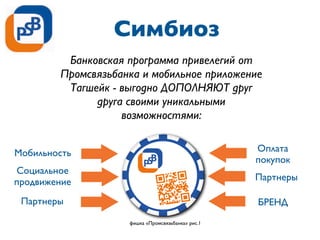 Симбиоз
Банковская программа привелегий от
Промсвязьбанка и мобильное приложение
Тагшейк - выгодно ДОПОЛНЯЮТ друг
друга своими уникальными
возможностями:
Мобильность Оплата
покупок
Социальное
продвижение Партнеры
Партнеры БРЕНД
фишка «Промсвязьбанка» рис.1
 