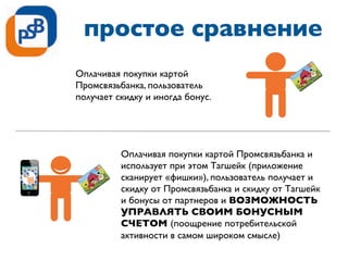 простое сравнение
Оплачивая покупки картой
Промсвязьбанка, пользователь
получает скидку и иногда бонус.
Оплачивая покупки картой Промсвязьбанка и
использует при этом Тагшейк (приложение
сканирует «фишки»), пользователь получает и
скидку от Промсвязьбанка и скидку от Тагшейк
и бонусы от партнеров и ВОЗМОЖНОСТЬ
УПРАВЛЯТЬ СВОИМ БОНУСНЫМ
СЧЕТОМ (поощрение потребительской
активности в самом широком смысле)
 