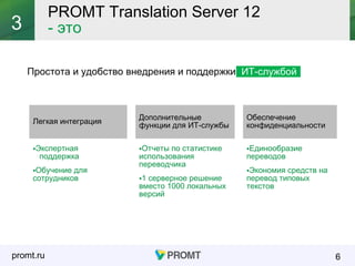 promt.ru
Простота и удобство внедрения и поддержки ИТ-службой
6
3
Легкая интеграция
Дополнительные
-функции для ИТ службы
Обеспечение
конфиденциальности
•Экспертная
поддержка
•Обучение для
сотрудников
•Отчеты по статистике
использования
переводчика
•1 серверное решение
1000вместо локальных
версий
•Единообразие
переводов
•Экономия средств на
перевод типовых
текстов
PROMT Translation Server 12
- это
 