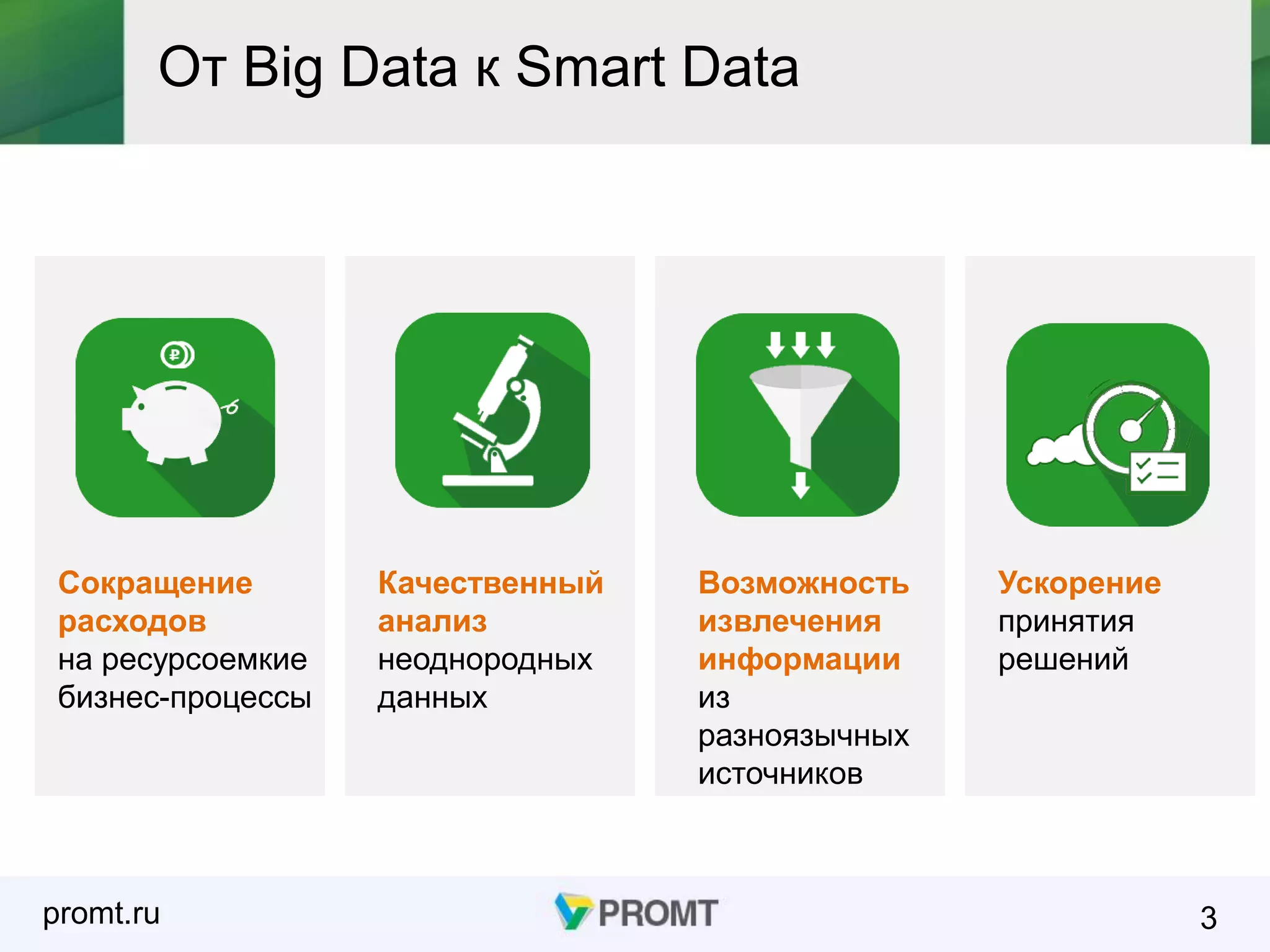 promt.ru 3
От Big Data к Smart Data
Сокращение
расходов
на ресурсоемкие
бизнес-процессы
Качественный
анализ
неоднородных
данных
Возможность
извлечения
информации
из
разноязычных
источников
Ускорение
принятия
решений
 