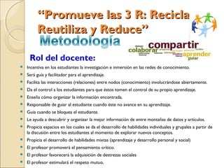 “Promueve las 3 R: Recicla,
         Reutiliza y Reduce”

     Rol del docente:
   Incentiva en los estudiantes la investigación e inmersión en las redes de conocimiento.
   Será guía y facilitador para el aprendizaje.
   Facilita las interacciones (relaciones) entre nodos (conocimiento) involucrándose abiertamente.
   Da el control a los estudiantes para que éstos tomen el control de su propio aprendizaje.
   Enseña cómo organizar la información encontrada.
   Responsable de guiar al estudiante cuando éste no avance en su aprendizaje.
   Guía cuando se bloquea el estudiante.
   Le ayuda a descubrir y organizar la mejor información de entre montañas de datos y artículos.
   Propicia espacios en los cuales se da el desarrollo de habilidades individuales y grupales a partir de
    la discusión entre los estudiantes al momento de explorar nuevos conceptos.
   Propicia el desarrollo de habilidades mixtas (aprendizaje y desarrollo personal y social)
   El profesor promoverá el pensamiento crítico.
   El profesor favorecerá la adquisición de destrezas sociales
   El profesor estimulará el respeto mutuo.
 