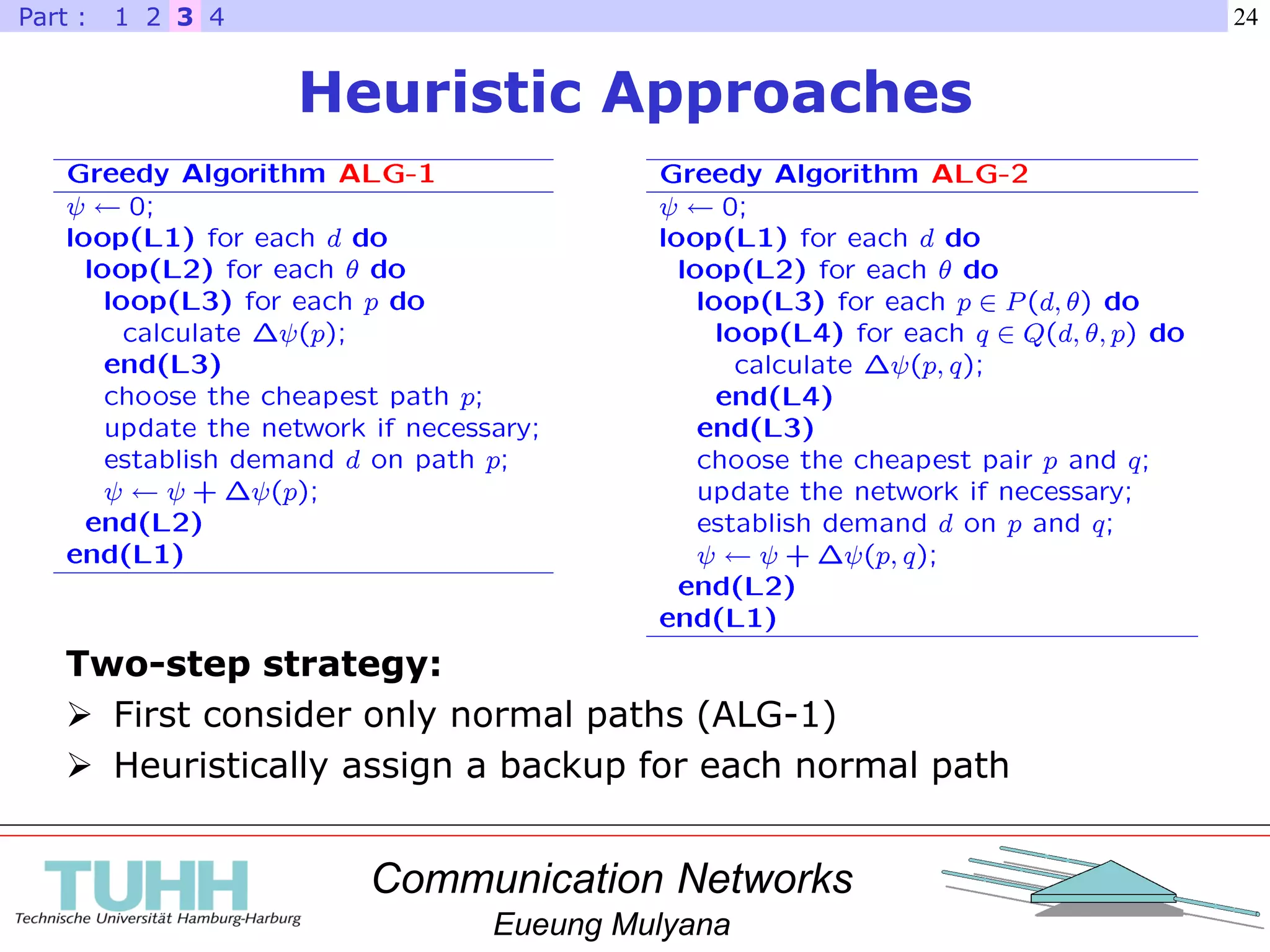 Communication Networks
Eueung Mulyana
24
Heuristic Approaches
321 4Part :
Two-step strategy:
 First consider only normal paths (ALG-1)
 Heuristically assign a backup for each normal path
 