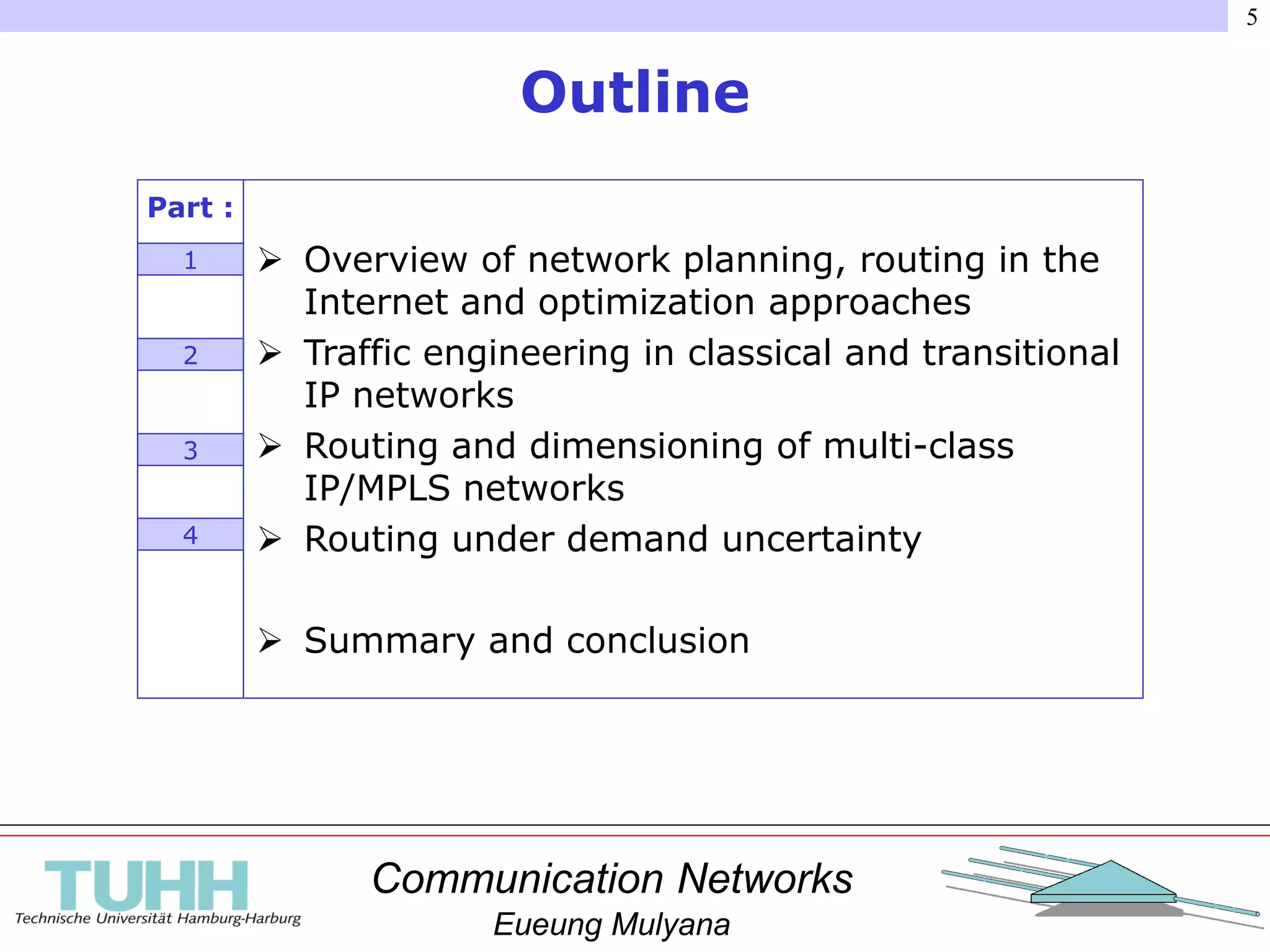 Communication Networks
Eueung Mulyana
5
Outline
 Overview of network planning, routing in the
Internet and optimization approaches
 Traffic engineering in classical and transitional
IP networks
 Routing and dimensioning of multi-class
IP/MPLS networks
 Routing under demand uncertainty
 Summary and conclusion
Part :
1
2
3
4
 