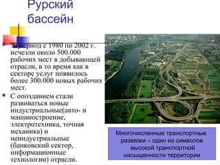 Рурский
бассейн




За период с 1980 по 2002 г.
исчезли около 500.000
рабочих мест в добывающей
отрасли, в то время как в
секторе услуг появилось
более 300.000 новых рабочих
мест.
C опозданием стали
развиваться новые
индустриальные(авто- и
машиностроение,
электротехника, точная
механика) и
неиндустриальные
(банковский сектор,
информационные
технологии) отрасли.

Многочисленные транспортные
развязки – один из символов
высокой транспортной
насыщенности территории

 