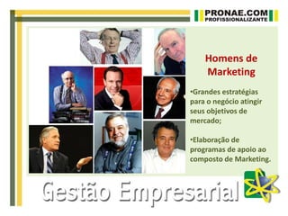 Homens de
Marketing
•Grandes estratégias
para o negócio atingir
seus objetivos de
mercado;
•Elaboração de
programas de apoio ao
composto de Marketing.