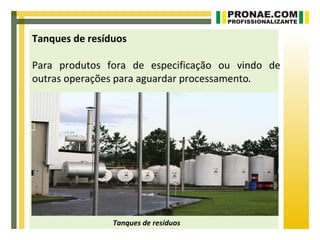 Tanques de resíduos

Para produtos fora de especificação ou vindo de
outras operações para aguardar processamento.




                Tanques de resíduos
 