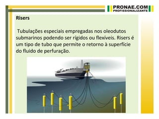 Risers

 Tubulações especiais empregadas nos oleodutos
submarinos podendo ser rígidos ou flexíveis. Risers é
um tipo de tubo que permite o retorno à superfície
do fluido de perfuração.
 