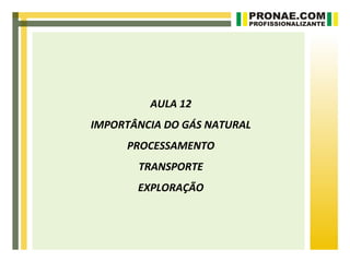 AULA 12
IMPORTÂNCIA DO GÁS NATURAL
     PROCESSAMENTO
       TRANSPORTE
       EXPLORAÇÃO
 