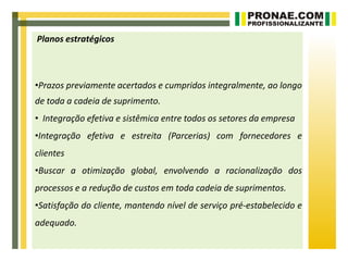 Planos estratégicos



•Prazos previamente acertados e cumpridos integralmente, ao longo
de toda a cadeia de suprimento.
• Integração efetiva e sistêmica entre todos os setores da empresa
•Integração efetiva e estreita (Parcerias) com fornecedores e
clientes
•Buscar a otimização global, envolvendo a racionalização dos
processos e a redução de custos em toda cadeia de suprimentos.
•Satisfação do cliente, mantendo nível de serviço pré-estabelecido e
adequado.
 