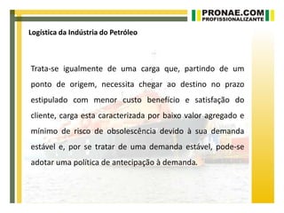 Logística da Indústria do Petróleo



Trata-se igualmente de uma carga que, partindo de um
ponto de origem, necessita chegar ao destino no prazo
estipulado com menor custo benefício e satisfação do
cliente, carga esta caracterizada por baixo valor agregado e
mínimo de risco de obsolescência devido à sua demanda
estável e, por se tratar de uma demanda estável, pode-se
adotar uma política de antecipação à demanda.
 