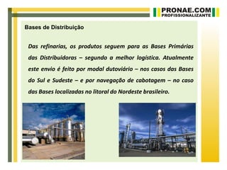 Bases de Distribuição


 Das refinarias, os produtos seguem para as Bases Primárias
 das Distribuidoras – segundo a melhor logística. Atualmente
 este envio é feito por modal dutoviário – nos casos das Bases
 do Sul e Sudeste – e por navegação de cabotagem – no caso
 das Bases localizadas no litoral do Nordeste brasileiro.
 
