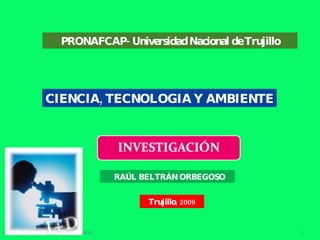 UNT- FAC CCBB - CURRICULO - RBO PRONAFCAP- Universidad Nacional de Trujillo Trujillo, 2009 CIENCIA, TECNOLOGIA Y AMBIENTE RAÚL BELTRÁN ORBEGOSO 